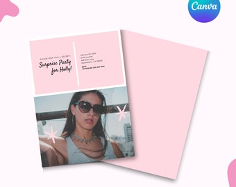 May include: Pink and white invitation with the text "Surprise Party for Holly!" and a photo of a woman wearing sunglasses. The invitation includes the date, time, and location of the party.