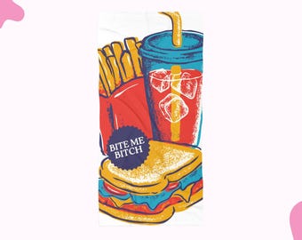 Ręcznik plażowy Fast Food, akcesorium plażowe na wyjazd dla dziewczyn, upominek na wieczór panieński