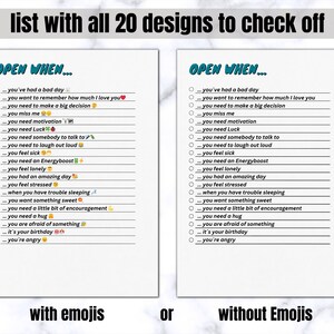 Puede incluir: Una lista de verificaci&oacute;n imprimible con 20 razones diferentes para abrir un regalo. La lista de verificaci&oacute;n est&aacute; dividida en dos columnas, una con emojis y otra sin. El texto "ABRIR CUANDO..." est&aacute; en la parte superior de cada columna.