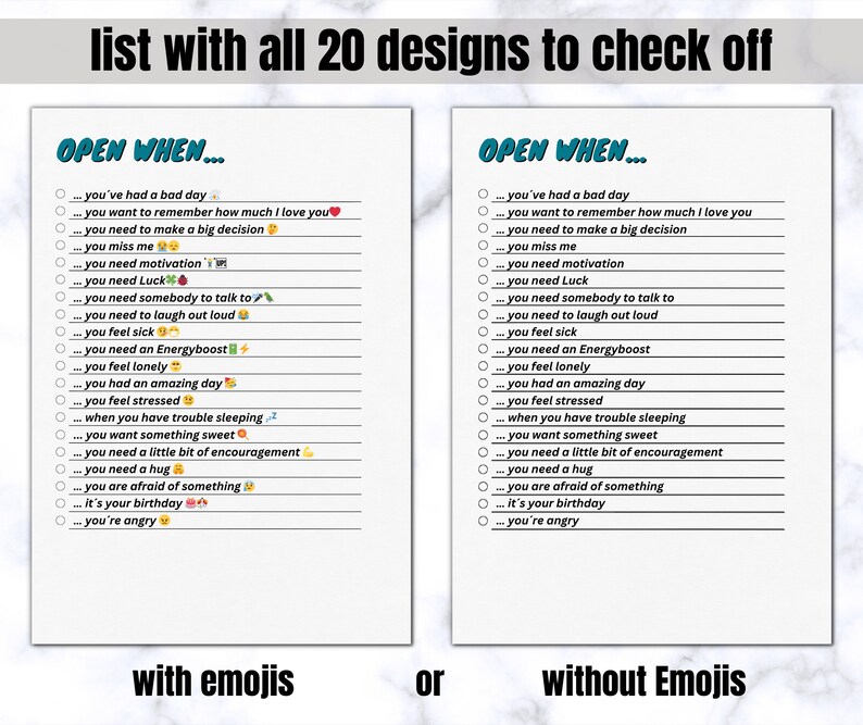 Puede incluir: Una lista de verificaci&oacute;n imprimible con 20 razones diferentes para abrir un regalo. La lista de verificaci&oacute;n est&aacute; dividida en dos columnas, una con emojis y otra sin. El texto "ABRIR CUANDO..." est&aacute; en la parte superior de cada columna.