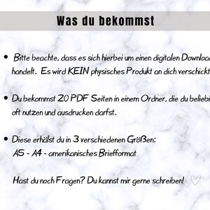 May include: A digital download information sheet in German, titled "Was du bekommst". It details the product as a digital download with 20 PDF pages, and available sizes: A5, A4, and American letter format. The text is on a marble background.
