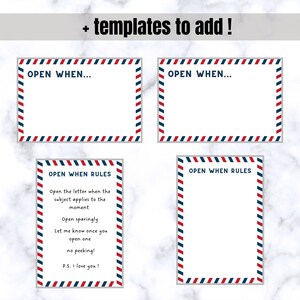 Puede incluir: Cuatro tarjetas imprimibles con un borde rayado rojo, blanco y azul. Las tarjetas dicen "Abrir cuando..." y "Reglas de apertura". La tarjeta de reglas incluye instrucciones para abrir las cartas, como "Abrir con moderaci&oacute;n" y "Hazme saber una vez que abras una".
