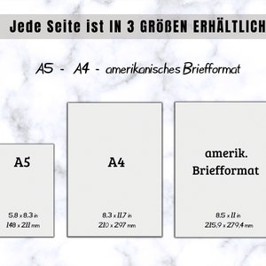 May include: Three white paper sizes are shown: A5 (14.8 x 21.1 cm), A4 (21.0 x 29.7 cm), and American Letter format (21.6 x 27.9 cm). The text at the top reads "Each page is available in 3 sizes."