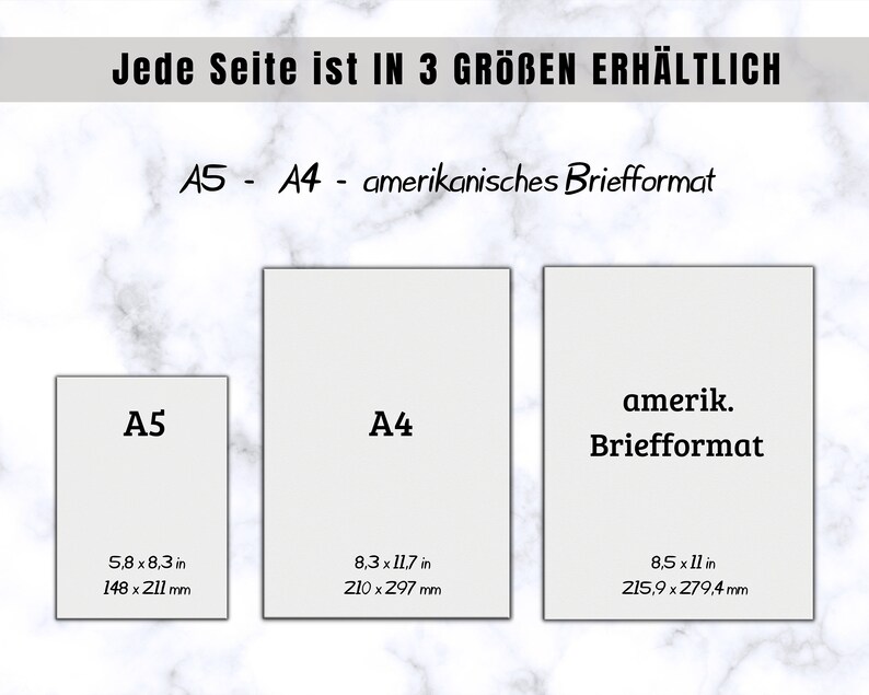 May include: Three white paper sizes are shown: A5 (14.8 x 21.1 cm), A4 (21.0 x 29.7 cm), and American Letter format (21.6 x 27.9 cm). The text at the top reads "Each page is available in 3 sizes."