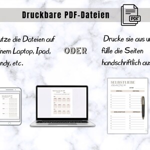May include: Digital PDF files shown on a laptop, tablet, and smartphone. The text reads "Druckbare PDF-Dateien" and "Nutze die Dateien auf deinem Laptop, Ipad, Handy, etc." and "Drucke sie aus und f&uuml;lle die Seiten handschriftlich aus."