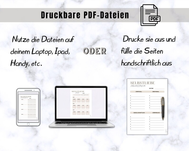 May include: Digital PDF files shown on a laptop, tablet, and smartphone. The text reads "Druckbare PDF-Dateien" and "Nutze die Dateien auf deinem Laptop, Ipad, Handy, etc." and "Drucke sie aus und f&uuml;lle die Seiten handschriftlich aus."