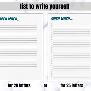 Puede incluir: Dos p&aacute;ginas imprimibles con el texto "OPEN WHEN..." en la parte superior de cada p&aacute;gina. La p&aacute;gina de la izquierda tiene 20 l&iacute;neas con c&iacute;rculos al lado de cada l&iacute;nea y el texto "for 20 letters" en la parte inferior. La p&aacute;gina de la derecha tiene 25 l&iacute;neas con c&iacute;rculos al lado de cada l&iacute;nea y el texto "for 25 letters" en la parte inferior.