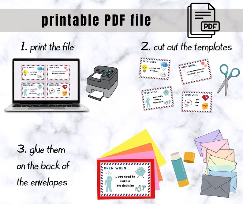 Puede incluir: Archivo PDF imprimible con instrucciones sobre c&oacute;mo crear sobres con mensajes alentadores. Las instrucciones incluyen imprimir el archivo, cortar las plantillas y pegarlas en la parte posterior de los sobres. La imagen muestra una pantalla de computadora con el archivo PDF, una impresora, tijeras, pegamento y sobres.