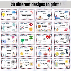 Puede incluir: Veinte tarjetas coloridas con el texto "OPEN WHEN..." y diferentes ilustraciones y mensajes. Las tarjetas est&aacute;n dise&ntilde;adas para abrirse cuando el destinatario necesita un poco de &aacute;nimo, motivaci&oacute;n o un empuj&oacute;n.