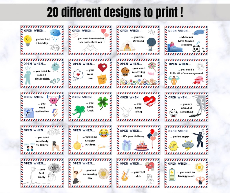 Puede incluir: Veinte tarjetas coloridas con el texto "OPEN WHEN..." y diferentes ilustraciones y mensajes. Las tarjetas est&aacute;n dise&ntilde;adas para abrirse cuando el destinatario necesita un poco de &aacute;nimo, motivaci&oacute;n o un empuj&oacute;n.
