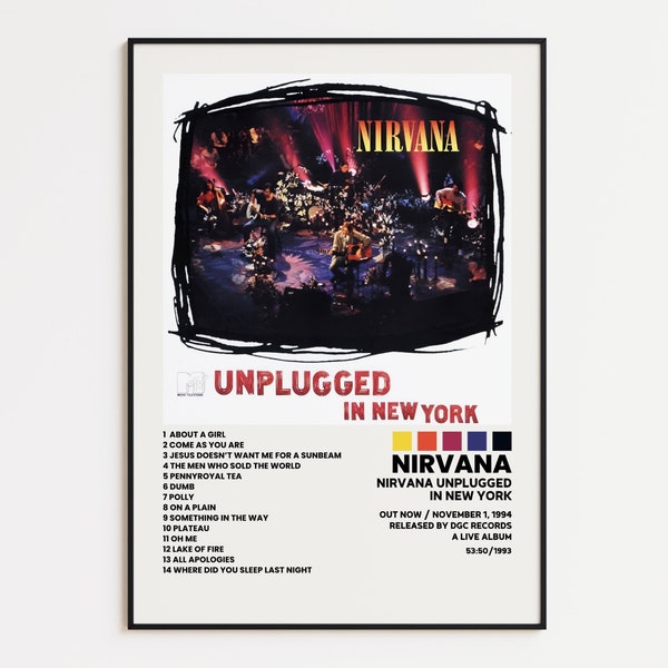 Póster de Nirvana, Nirvana Unplugged en Nueva York, Impresión de pared del álbum, Póster de la lista de canciones, Impresión del álbum de Nirvana, Póster de portada, Póster musical