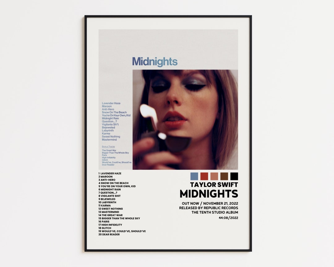 Taylor Swift Cover Poster, Midnights Album Wall Print, Tracklist Poster ...