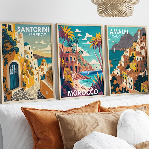 Travel Poster, Set of 3 Prints, Vintage Style Travel Poster, Santorini Greece, Morocco, Amalfi Coast Italy Prints, Colorful Travel Posters