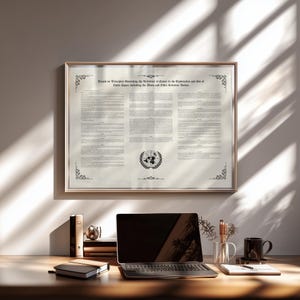 May include: A framed document titled Treaty on Principles Governing the Activities of States in the Exploration and Use of Outer Space, including the Moon and Other Celestial Bodies, featuring black text on a cream background with a United Nations emblem.
