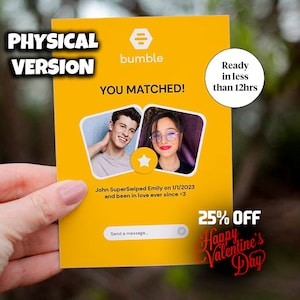 Cartão físico Bumble 5x7 polegadas “Você combinou!” (versão 2023), cartão de amor perfeito, cartão de aniversário Bumble e cartão de dia dos namorados
