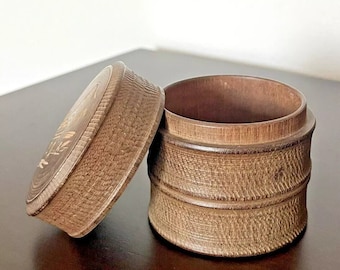3" Vintage Wooden Spice / Trinket Jar with Lid / Carved Landscape Design