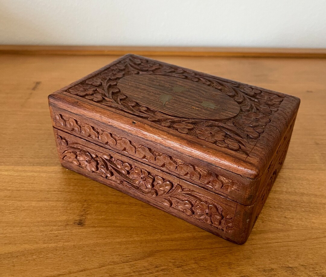 Hand Carved Wooden Jewelry Box With Brass Inlay From India - Etsy