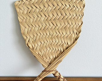 Vintage Hand Fan, Palm Leaf Ambidextrous Dual Handle Fan