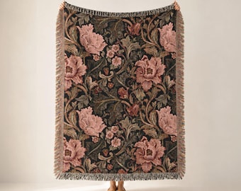 William Morris Floral Woven Blanket, Vintage Botanical Cottagecore Tapestry, 100% Cotton Throw