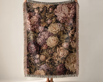 Moody Floral Painting Woven Blanket, Vintage Botanical Dark Cottagecore Decor, Romantic Flower Tapestry Blanket, Gift for Mom