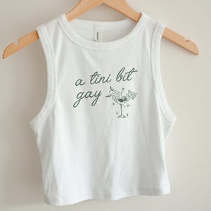 Peut inclure: Débardeur blanc avec le texte "a tini bit gay" en vert. Le motif représente une personne se relaxant dans un verre à martini. Le haut est sans manches et est suspendu à un cintre en bois.