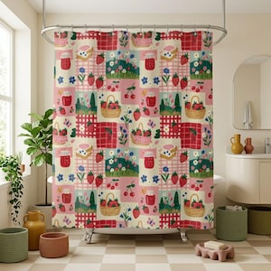 May include: A shower curtain featuring a repeating pattern of strawberries, wicker baskets filled with berries, jars of jam, slices of toast, and small flowers. The design is arranged in a grid of pink, red, and white checkered and solid blocks.