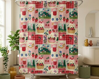 Patchwork Style Shower Curtain | Strawberry Gingham Bath Curtain