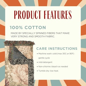 May include: A product information graphic featuring a floral woven throw blanket with fringe. Text includes: PRODUCT FEATURES, 100% COTTON, MADE BY SPECIALLY SPINNED FIBERS THAT MAKE VERY STRONG AND SMOOTH FABRIC, and CARE INSTRUCTIONS for machine washing.