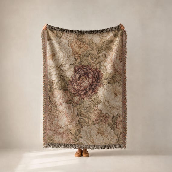 Moody Floral Painting Woven Blanket, Vintage Botanical Dark Cottagecore Decor, Romantic Flower Tapestry Blanket, Gift for Mom