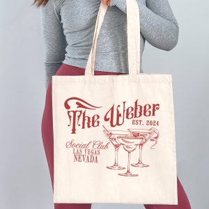 Custom Bachelorette Party Tote Last Name Social Club Location and Cocktail Tote Bag Wedding Merch Destination Wedding Tote Custom Tote Bag