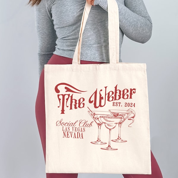 Custom Bachelorette Party Tote Last Name Social Club Location and Cocktail Tote Bag Wedding Merch Destination Wedding Tote Custom Tote Bag