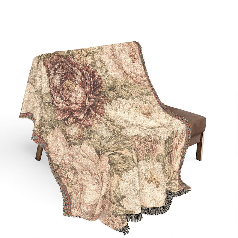 Moody Floral Painting Woven Blanket, Vintage Botanical Dark Cottagecore Decor, Romantic Flower Tapestry Blanket, Gift for Mom image 7