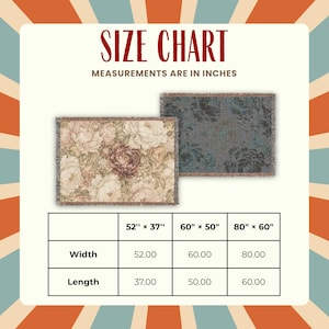 May include: A size chart for woven blankets featuring two floral patterns in beige and dark blue. The chart displays three available sizes in inches: 52 by 37 inches, 60 by 50 inches, and 80 by 60 inches, organized by width and length measurements.