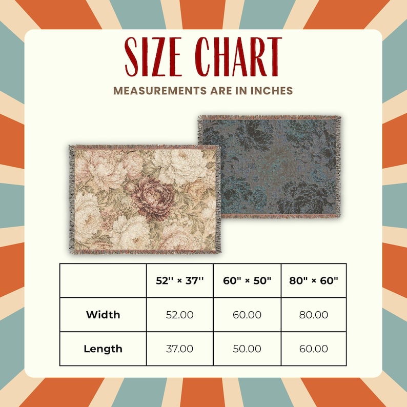 May include: A size chart for woven blankets featuring two floral patterns in beige and dark blue. The chart displays three available sizes in inches: 52 by 37 inches, 60 by 50 inches, and 80 by 60 inches, organized by width and length measurements.