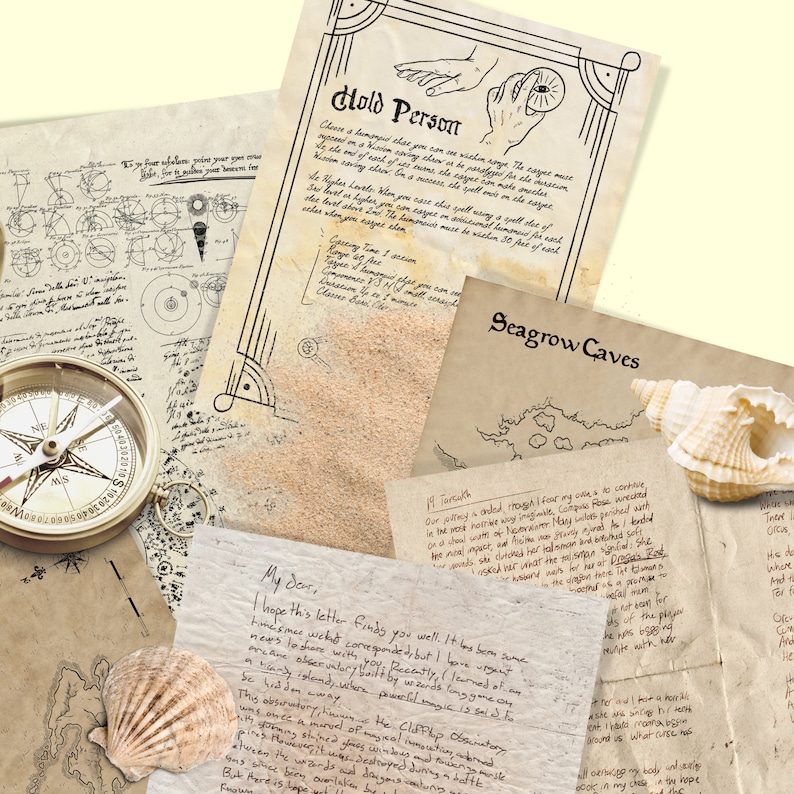 May include: A collection of vintage papers and maps with handwritten text, including a compass, seashells, and a map of Seagrow Caves. The text includes a spell for "Hold Person" and a letter that reads "My Dear, I hope this letter finds you well..."