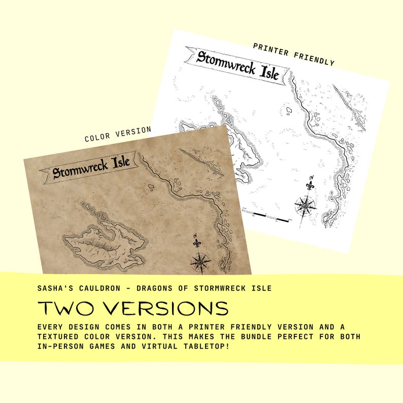 May include: Two versions of a map of Stormwreck Isle, one in colour with a parchment texture and one in black and white. The map features a compass and the text "Stormwreck Isle".
