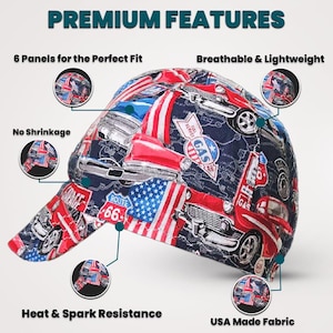 May include: A blue, red, and white patterned welding cap featuring classic cars, Route 66 signs, and American flags. The cap has a curved brim and is made of USA-made fabric.