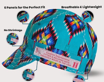 Native Print Turquoise Welding Cap - Handmade 100 percent Cotton