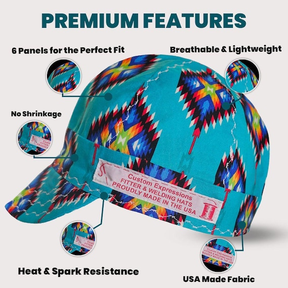 Native Print Turquoise Welding Cap - Handmade 100 percent Cotton