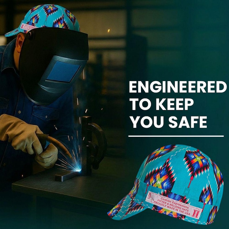Native Print Turquoise Welding Cap - Handmade 100 percent Cotton zdjęcie 4