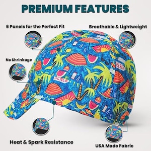 May include: A blue and turquoise cap with a beach-themed pattern featuring palm trees, umbrellas, and watermelons. The cap has a curved brim and is labeled with "Premium Features" including "USA Made Fabric".