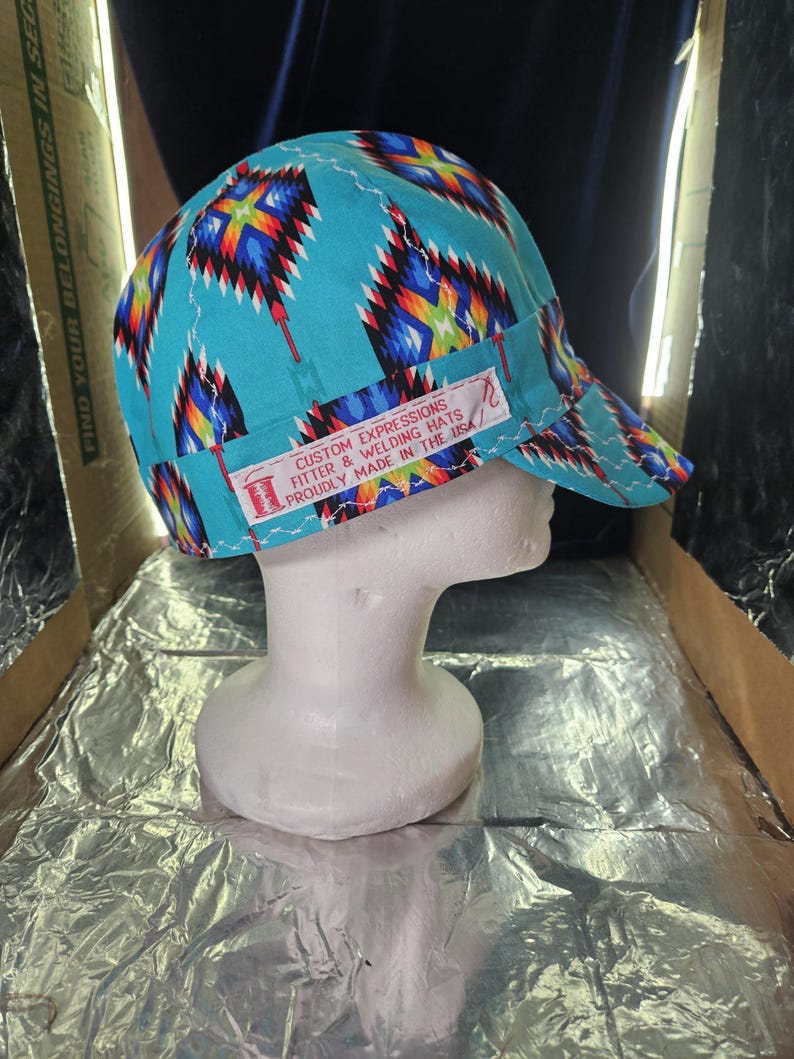Native Print Turquoise Welding Cap - Handmade 100 percent Cotton zdjęcie 6