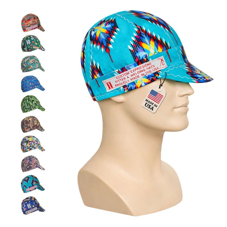 Native Print Turquoise Welding Cap - Handmade 100 percent Cotton zdjęcie 3