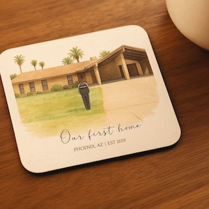 Custom Watercolor House Portrait Coasters, Move-In Gift, Realtor Closing Gift, Housewarming Gift, Personalized Decor, Bottle tag