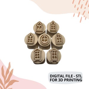 May include: A collection of beige 3D-printed window-shaped stamps. The stamps feature various window designs, including arched and rectangular shapes. The text "DIGITAL FILE - STL FOR 3D PRINTING" is displayed at the bottom. These stamps are likely for crafting or decorative purposes.