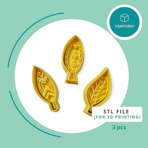 Puede incluir: Tres cortadores de galletas en forma de hoja de plástico amarillo. ARCHIVO STL (PARA IMPRESIÓN 3D) 3 piezas.