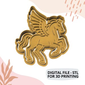May include: A golden-colored Pegasus cookie cutter with detailed wings and a flowing mane. The text "DIGITAL FILE - STL FOR 3D PRINTING" is displayed in a white box at the bottom, indicating a digital product for 3D printing.