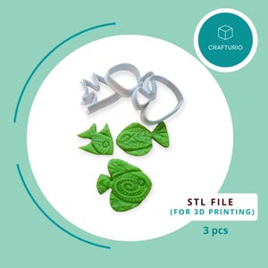 May include: Three green plastic fish cookie cutters with intricate designs. STL file for 3D printing.