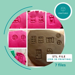 May include: A set of 7 printable 3D models for creating a house with windows and doors. The models are shown in different colors of playdough, with various window and door designs. The text "STL FILE (FOR 3D PRINTING) 7 files" is also visible.