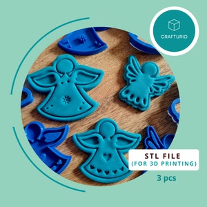 May include: Three blue angel cookie cutters, designed for 3D printing. The cutters feature different designs, including a star, hearts, and a simple angel shape. STL FILE (FOR 3D PRINTING) 3 pcs